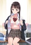  blazer blush bra breasts brown_eyes brown_hair cover cover_page desk fujita_hidetoshi jacket kneehighs long_hair looking_to_the_side on_desk original pleated_skirt school_uniform sitting sitting_on_desk skirt small_breasts smile solo underwear undressing 