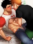  2boys abs blush male_focus multiple_boys muscle naughty_face ookido_green ookido_green_(sm) pecs pokemon pokemon_(game) pokemon_sm red_(pokemon) red_(pokemon)_(sm) shirt_lift sweat undressing yaoi 