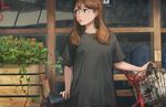  bangs bicycle bicycle_basket black_shirt brown_eyes brown_hair commentary_request copyright_request glasses ground_vehicle highres lipstick long_hair looking_to_the_side makeup plant round_eyewear shirt short_sleeves solo t-shirt wooden_box yohan1754 