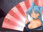  alicesoft animal_ears bell bell_collar blue_hair breasts cat_ears cleavage collar food large_breasts ninja rance_(series) sengoku_rance smile solo suzume_(rance) yellow_eyes zoom_layer 
