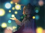  :d :o antennae black_cape blouse busujima_(kusahana) cape commentary_request glowing green_eyes green_hair highres light_particles long_sleeves looking_up nature night open_mouth outdoors short_hair sleeve_cuffs smile solo touhou white_blouse wriggle_nightbug 