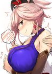  akita_hika bangs blush breasts brown_eyes commentary_request cross cross_earrings detached_sleeves earrings embarrassed fate/grand_order fate_(series) from_side hair_ornament hand_on_own_chest hands_on_another's_shoulders jewelry large_breasts lavender_hair looking_back miyamoto_musashi_(fate/grand_order) ponytail simple_background sketch smile solo_focus sweatdrop trembling upper_body white_background 