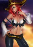  adjusting_hair aqua_eyes bare_shoulders breasts cleavage detached_sleeves essentialsquid freckles hand_on_hip hat large_breasts league_of_legends lipstick long_hair makeup midriff pants pirate_hat red_hair red_lipstick sarah_fortune solo tight tight_pants 