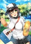  ;d anchor_print bangs baseball_cap between_breasts black_skirt blue_sky blush body_mahattaya_ginga bottle breasts brown_hair cloud cloudy_sky commentary_request cooler cowboy_shot day drink dutch_angle energy_drink eyebrows_visible_through_hair giving grass green_eyes hair_between_eyes hat hayasui_(kantai_collection) holding holding_bottle jacket kantai_collection large_breasts long_sleeves looking_at_viewer miniskirt one_eye_closed open_mouth outdoors pleated_skirt short_hair skirt sky smile solo strap_cleavage teeth track_jacket tree white_jacket 