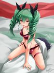  anchovy black_hair blush bra breasts cleavage drill_hair girls_und_panzer green_hair hair_ornament hair_ribbon haruhata_mutsuki large_breasts lingerie multiple_girls navel panties pepperoni_(girls_und_panzer) red_bra red_eyes red_panties ribbon side-tie_panties spread_legs tongue tongue_out twintails underwear underwear_only 