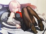  ass bare_shoulders black_legwear boots breasts fate/grand_order fate_(series) full_body hair_over_one_eye highres jacket knees_together_feet_apart looking_at_viewer lying mash_kyrielight medium_breasts necktie on_back open_mouth pantyhose parted_lips purple_eyes purple_hair shield short_hair sleeveless solo takeuchi_takashi 