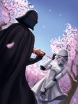  1girl artist_request back blush cherry_blossoms darth_vader gift petals star_wars stormtrooper tree 