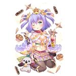  ;p animal aqua_eyes artist_request blush cookie crown fishnet_legwear fishnets food garter_straps holding holding_spoon koala kunai lavender_hair messy midriff muffin navel official_art one_eye_closed parfait rest_and_vacation short_hair sitting solo spoon thighhighs tongue tongue_out transparent_background two_side_up uchi_no_hime-sama_ga_ichiban_kawaii wariza weapon 