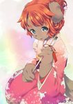  1girl azuki_akizuki dog female furry japanese_clothes orange_hair short_hair solo teal_eyes yuneri_(azuki_akizuki) 