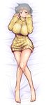 bed_sheet blue_eyes blue_hair bottomless breasts do_(taka) hidamari_sketch large_breasts lying nori on_back solo sweat sweater tagme 
