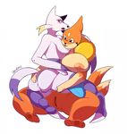  2016 anthro anthrofied areola big_breasts blush breast_squish breasts brown_fur butt duo english_text female female/female floatzel fur gomegapokemon hand_on_butt huge_breasts interspecies mienshao multi_tail nintendo nipples nude open_mouth pok&eacute;mon pok&eacute;morph purple_fur purple_nipples purple_pussy pussy red_eyes signature simple_background spread_legs spreading text video_games white_background 