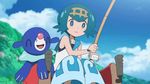  1boy 1girl animated animated_gif blush laughing pokemon pokemon_(anime) pokemon_sm_(anime) popplio satoshi_(pokemon) sharpedo suiren_(pokemon) water 