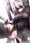  arm_up black_dress black_legwear blindfold breasts cameltoe closed_mouth commentary_request covered_navel dress fi-san gloves hairband high_heels holding holding_sword holding_weapon katana leotard long_sleeves medium_breasts nier_(series) nier_automata panties pantyshot pantyshot_(squatting) short_hair silver_hair solo spread_legs squatting sword thighhighs underwear weapon white_gloves white_leotard white_panties yorha_no._2_type_b 