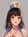  bad_id bad_pixiv_id bangs bare_shoulders black_eyes black_hair blush collarbone commentary cross cross_earrings cross_necklace dungeon_and_fighter earrings female_crusader_(dungeon_and_fighter) female_priest_(dungeon_and_fighter) hat jewelry looking_at_viewer monaim necklace parted_lips portrait solo 