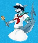  alternate_species anthro blue_background clothed clothing female fish furrification grin hat marine murasa_minamitsu sailor_outfit shark simple_background solo touhou water 