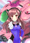  absurdres asusilver_(artist) bangs blurry blush breasts brown_hair character_name closed_mouth d.va_(overwatch) depth_of_field facial_mark gloves hand_on_hip head_tilt headphones highres long_hair looking_at_viewer medium_breasts meka_(overwatch) overwatch pilot_suit pointing smile solo swept_bangs whisker_markings white_gloves 