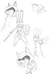  2017 akiric anthro armor black_and_white canine clothed clothing disney female fox helmet holding_object holding_weapon hood judy_hopps lagomorph male mammal melee_weapon monochrome nick_wilde rabbit shield simple_background sketch sketch_page smile sword weapon white_background zootopia 