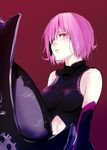  bare_shoulders elbow_gloves fate/grand_order fate_(series) gloves hair_over_one_eye highres mash_kyrielight napata navel_cutout pink_hair red_eyes shield solo 