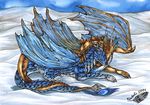 2011 blue_scales claws day dragon duo feral horn lying membranous_wings natoli outside scales smile traditional_media_(artwork) wings 