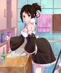  alternate_costume black_hair breasts brown_eyes cleavage commentary cosplay cup enmaided frown hair_ribbon highres holding holding_cup kimi_no_na_wa looking_at_viewer maid miyamizu_mitsuha pekakiu re:zero_kara_hajimeru_isekai_seikatsu red_ribbon rem_(re:zero) rem_(re:zero)_(cosplay) ribbon sink solo toilet towel 