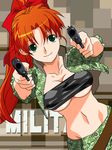  bandeau breasts camouflage covered_nipples dual_wielding green_eyes gun handgun high_ponytail holding jacket large_breasts long_hair looking_at_viewer mana_(super_real_mahjong) navel open_clothes open_jacket orange_hair pistol pointing pointing_at_viewer smile solo strapless super_real_mahjong tanaka_ryou underboob weapon 