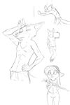  2017 akiric anthro armpits black_and_white canine clothed clothing disney female fox hand_on_hip hat judy_hopps lagomorph leaning male mammal monochrome nick_wilde rabbit simple_background sketch sketch_page topless white_background zootopia 