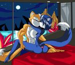  anthro bed black_nose blue_fur blue_hair breasts butt canine clothed clothing cuddling female fox fox_mccloud fur hair kissing krystal male male/female mammal night ninjaspartankx5 nintendo romantic romantic_couple star_fox topless undressing video_games white_fur 