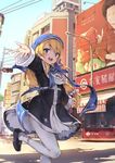  :d blonde_hair blue_eyes blue_hat day eyebrows_visible_through_hair habit haoni hat highres leg_up long_hair looking_at_viewer magi_in_wanchin_basilica nun open_mouth outdoors outstretched_arm pantyhose resized road smile solo street upscaled white_legwear xiao_ma 