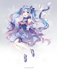  2017 ahoge blue_eyes blue_hair bunny character_name detached_sleeves dress earrings fingerless_gloves full_body gloves grey_background hair_ornament hair_ribbon hairclip hatsune_miku highres jewelry long_hair open_mouth outstretched_arms ribbon scarf sentaro207 snowflakes spread_arms twintails very_long_hair vocaloid wand yuki_miku yukine_(vocaloid) 