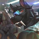  absurd_res black_fur black_nose blackfang clothing eyewear fur goggles gun hi_res looking_at_viewer miles_df ranged_weapon ruffled_fur shirt tank_top weapon 