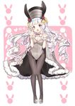  absurdres animal_ears bangs blunt_bangs blush breasts bunny_ears bunnysuit cape claw_pose cleavage covered_navel dated drill_locks eta front-seamed_legwear full_body grey_cape grey_legwear highres legs_together long_hair looking_at_viewer machinery medium_breasts mole mole_under_mouth navel novgorod_(zhan_jian_shao_nyu) open_mouth pantyhose pink_background pink_eyes ribbon seamed_legwear shoes signature smokestack solo standing strappy_heels teeth text_focus thigh_gap very_long_hair white_background white_footwear white_hair wrist_cuffs yellow_ribbon zhan_jian_shao_nyu 