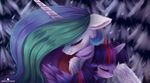  2017 blush duo equine eyes_closed feathered_wings feathers female feral friendship_is_magic fur hair horn long_hair mammal momomistress multicolored_hair my_little_pony princess_celestia_(mlp) purple_feathers purple_fur smile snow twilight_sparkle_(mlp) white_feathers white_fur winged_unicorn wings 