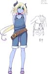  arms_behind_back belt black_sclera blonde_hair blue_skin blush collar demon_girl demon_horns full_body h-new horns multiple_views original overalls sandals suspenders 