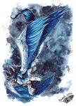 2011 blue_eyes blue_feathers blue_fur blue_hair claws dragon feathered_dragon feathered_wings feathers feral flying fur furred_dragon hair natoli nude solo traditional_media_(artwork) watermark wings 