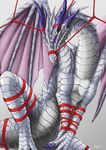  2017 ambiguous_gender bdsm bondage bound dragon feral front_view horn kiyo membranous_wings metallic_body purple_eyes scalie simple_background solo western_dragon wings 