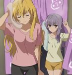  artist_request blonde_hair brown_eyes closed_eyes collarbone cowboy_shot highres hiiragi_shinoa long_hair multiple_girls owari_no_seraph pink_shirt purple_hair sanguu_mitsuba shirt shorts smile towel yellow_shorts 