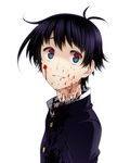  black_hair black_jacket blood blood_on_face blood_splatter bloody_clothes blue_eyes commentary_request jacket kumagawa_misogi looking_up male_focus mattari_yufi medaka_box school_uniform shaded_face shadow smile solo upper_body white_background 