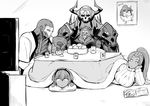  2boys 2girls :o armor assassin_(fate/zero) bird breasts chicken chinese_zodiac dark_skin earrings fate/grand_order fate/prototype fate/zero fate_(series) female_assassin_(fate/zero) fujimaru_ritsuka_(female) greyscale hassan_of_serenity_(fate) jewelry jitome king_hassan_(fate/grand_order) kotatsu large_breasts mask monochrome multiple_boys multiple_girls nuezou parted_lips ribbed_sweater riyo_(lyomsnpmp)_(style) rooster skull sweater table television true_assassin 