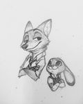  2016 anthro black_and_white bulletproof_vest canine clothed clothing crossed_arms disney duo female fox judy_hopps lagomorph male mammal missashleyng monochrome nick_wilde police_uniform rabbit simple_background traditional_media_(artwork) uniform white_background zootopia 