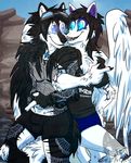  anthro canine clothed clothing feathered_wings feathers fur glowing glowing_eyes hair lizheru male mammal smile solo wings 
