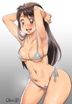  arms_up artist_name bikini blush breasts brown_eyes brown_hair copyright_request heavy_breathing long_hair looking_at_viewer medium_breasts navel obui pussy_peek smile solo swimsuit thighs white_bikini 