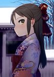  bare_tree black_hair blue_sky blush bow breath brown_eyes brown_hair cherry_blossom_print closed_mouth commentary_request day floral_print hair_bow half_updo idolmaster idolmaster_cinderella_girls japanese_clothes kimono long_hair long_sleeves looking_at_viewer looking_to_the_side obi outdoors pettan_p print_kimono profile purple_kimono red_bow sash sideways_mouth sky snow solo tachibana_arisu tree upper_body winter 