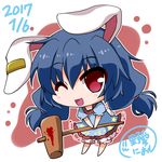  2017 ;d animal_ears artist_name barefoot blood bloomers blue_dress blue_hair blush bunny_ears chibi commentary_request dated dress ear_clip full_body kine low_twintails noai_nioshi one_eye_closed open_mouth puffy_short_sleeves puffy_sleeves red_eyes seiran_(touhou) short_dress short_sleeves simple_background smile solo touhou twintails two-tone_background underwear 
