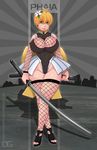  1girl areola_slip areolae blonde_hair borrowed_character breasts brown_eyes cleavage covered_navel curvy dante_grapes fishnets flower full_body huge_breasts katana ninja phaia short_hair solo spunky_knight standing wide_hips 