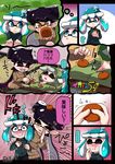  2girls alternate_hairstyle aori_(splatoon) black_hair blue_eyes blue_hair breasts caught cleavage commentary_request domino_mask food fruit green_hair highres hotaru_(splatoon) inkling large_breasts long_hair mandarin_orange mask medium_breasts mole mole_under_eye multiple_girls pointy_ears ribbed_sweater splatoon_(series) splatoon_1 sweater symbol-shaped_pupils tentacle_hair translated usa_(dai9c_carnival) 