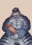  2017 5_fingers abs anthro balls biceps biped black_fur black_stripes blue_fur chest_tuft digital_media_(artwork) erection et facial_scar fangs feline fur genital_focus hair hi_res holding_penis humanoid_hands humanoid_penis low-angle_view male mammal multicolored_fur muscular muscular_male nipples nude open_mouth pecs penis pink_nipples pink_nose pink_penis pink_tongue precum red_eyes saber-toothed_cat sabertooth_(feature) scar simple_background solo striped_fur stripes tan_background teeth tiger tongue tuft white_balls white_fur white_hair worm&#039;s-eye_view 