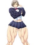  1girl abs bowtie breasts extreme_muscles female glasses highres huge_thighs muscle navel purukogi_(plasma_beach) solo thick_thighs 
