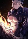  armor artoria_pendragon_(all) artoria_pendragon_(lancer_alter) bangs blonde_hair breasts center_opening chromatic_aberration cleavage closed_mouth commentary crotch_seam fate/grand_order fate_(series) gauntlets hair_between_eyes headpiece highres horse horseback_riding large_breasts leotard llamrei_(fate) looking_at_viewer mephist-pheles navel reins ribbed_leotard riding shoulder_armor sidelocks solo sparks turtleneck underboob upper_body yellow_eyes 