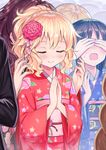  blonde_hair blush brown_hair closed_eyes commentary_request covering_another's_eyes covering_eyes flower formal hair_flower hair_ornament ichinose_shiki idolmaster idolmaster_cinderella_girls japanese_clothes kimono long_hair matanonki miyamoto_frederica multiple_girls new_year out_of_frame ponytail prank praying producer_(idolmaster) sakurai_momoka short_hair smile suit tachibana_arisu tied_hair 