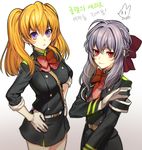  artist_request blonde_hair bow bowtie gloves hair_bow hands_on_hips hiiragi_shinoa korean long_hair lowres military military_uniform multiple_girls owari_no_seraph purple_eyes red_bow red_eyes sanguu_mitsuba silver_hair sleeves_rolled_up smile twintails uniform white_gloves 